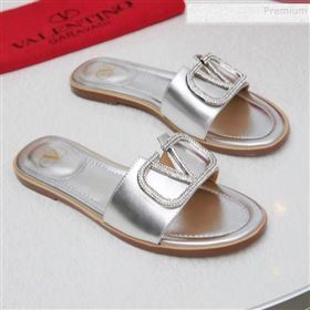 Valentino VLogo Calfskin Flat Slide Sandals Silver White 2019 (MD-9101052)