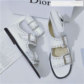 Dior Perforated Leather Buckle Strap Flat Sandals White 2019 (DLY-9122342)