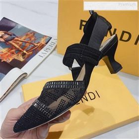 Fendi Colibrì Crystal Mesh Mid-Heel Slingback Pumps All Black 2020 (DLY-9122619)