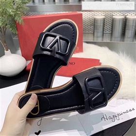 Valentino VLogo Calfskin Flat Slides Sandals Black 2020 (MD-9122627)