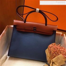 Hermes Herbag 31cm PM Double-Canvas Shoulder Bag Blue/Dark Coffee (JIMMY-0010841)