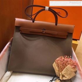 Hermes Herbag 31cm PM Double-Canvas Shoulder Bag Elephant Grey/Brown (JIMMY-0010847)