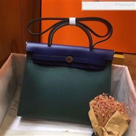 Hermes Herbag 31cm PM Double-Canvas Shoulder Bag Dark Green/Royal Blue (JIMMY-0010856)