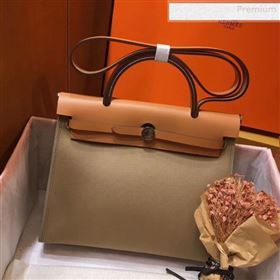 Hermes Herbag 31cm PM Double-Canvas Shoulder Bag Elephant Grey/Mid-Coffee (JIMMY-0010859)