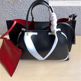 Valentino Medium VLOGO Shopping Tote Bag with Inlay Detail 0099 Black/White 2019 (JD-0011008)