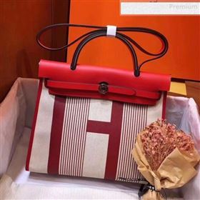 Hermes Herbag 31cm PM Striped Linen Shoulder Bag Red (JIMMY-0010863)