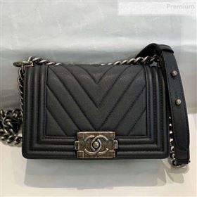 Chanel Chevron Grained Calfskin Small Boy Flap Bag A67085 Black/Vintage Silver 2019 (SMJD-0010213)