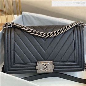 Chanel Chevron Grained Calfskin Medium Boy Flap Bag A67086 Black/Vintage Silver 2019 (SMJD-0010214)