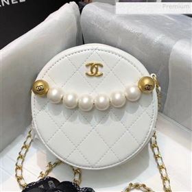 Chanel Quilted Leather Pearl Round Clutch with Chain White 2019 (KS-0010345)