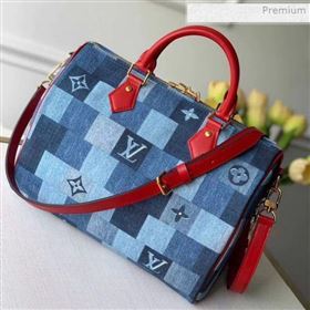 Louis Vuitton Speedy Bandoulière 30 in Damier Monogram Denim Canvas M45041 Blue/Red 2020 (KI-0011703)