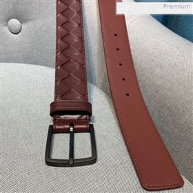 Bottega Veneta Woven Leather Belt 35mm with Matte Frame Buckle Burgundy 2019 (MS-0011543)