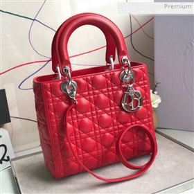 Dior Lady Dior Medium Bag in Cannage Lambskin Bright Red/Silver 2019 (XXG-0011722)
