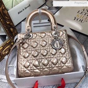 Dior Lady Dior Medium Bag in Cannage Metallic Leather Champagne/Silver 2019 (XXG-0011730)