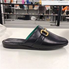 Gucci Lambskin Horsebit Flat Mules Black/Green 2020 (MD-0021133)