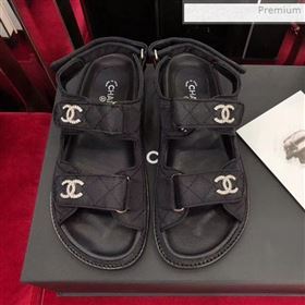 Chanel Canvas Strap Crystal CC Flat Sandals G3445 Black 2020 (XO-0021407)