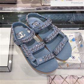 Chanel Chain Leather Strap Flat Sandals Blue 2020 (XO-0021905)