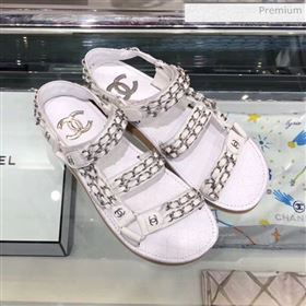 Chanel Chain Leather Strap Flat Sandals White 2020 (XO-0021906)