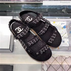 Chanel Chain Leather Strap Flat Sandals Black 2020 (XO-0021907)