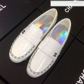 Chanel Patent Calfskin Rainbow Lining Chain Flat Loafers G35631 White 2020 (DLY-9120614)