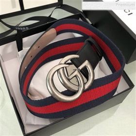 Gucci Web Fabric Belt 38mm with GG Buckle Red/Blue/Silver 2019 (99-9120650)