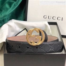 Gucci GG Embossed Leather Belt 34mm with GG Buckl Black 01 (99-9120647)