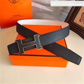 Hermes Oscar Reversible Calfskin Belt 38mm with H Buckle Black/White 2019 (99-9120706)