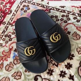 Gucci GG Marmont Leather Flat Slide Sandals Black 2019 (HANB-9120312)