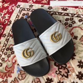 Gucci GG Marmont Leather Flat Slide Sandals White 2019 (HANB-9120309)
