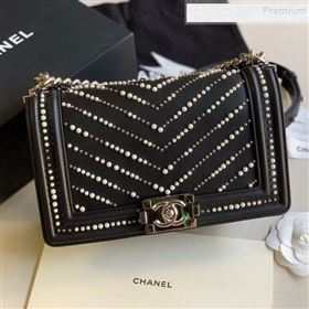 Chanel Pearl Chevron Calfskin Medium Boy Flap Bag A67086 Black 2020 (FM-9120927)