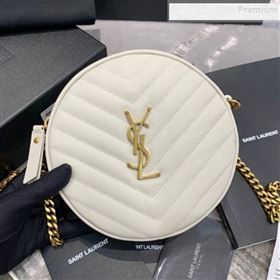 Saint Laurent Vinyle Round Camera Bag in Chevron Grained Leather 610436 White 2019 (JD-9121115)