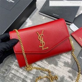 Saint Laurent Uptown Envelope Chain Wallet WOC in Grained Leather 607788 Red 2019 (JD-9121117)