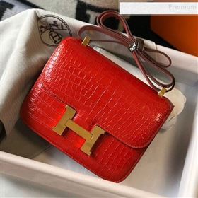 Hermes Constance 18/23cm in Crocodile Embossed Calf Leather Red/Gold 2019 (Half Handmade) (FL-9122126)