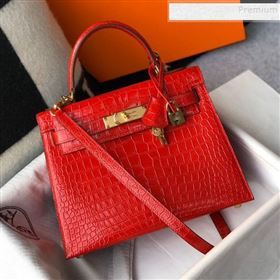 Hermes Kelly 25/28cm in Crocodile Embossed Calf Leather Red/Gold 2019 (Half Handmade) (FL-9122133)