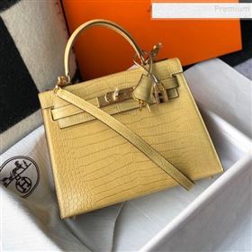 Hermes Kelly 25/28cm in Crocodile Embossed Calf Leather Light Yellow/Gold 2019 (Half Handmade) (FL-9122132)