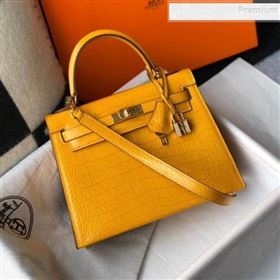 Hermes Kelly 25/28cm in Crocodile Embossed Calf Leather Amber Yellow/Gold 2019 (Half Handmade) (FL-9122131)