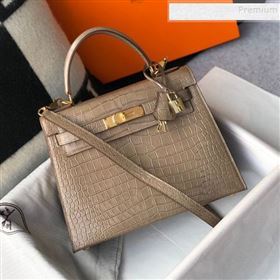 Hermes Kelly 25/28cm in Crocodile Embossed Calf Leather Dove Grey/Gold 2019 (Half Handmade) (FL-9122130)