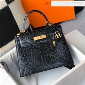 Hermes Kelly 25/28cm in Crocodile Embossed Calf Leather Black/Gold 2019 (Half Handmade) (FL-9122129)