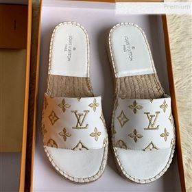 Louis Vuitton Monogram Embroidered Flat Espadrilles Slide Sandals White/Gold 2019 (For Women and Men) (HB-9122006)