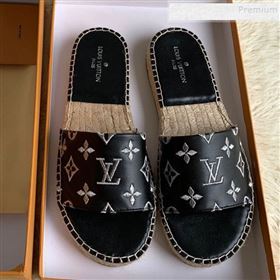 Louis Vuitton Monogram Embroidered Flat Espadrilles Slide Sandals Black/Silver 2019 (For Women and Men) (HB-9122007)