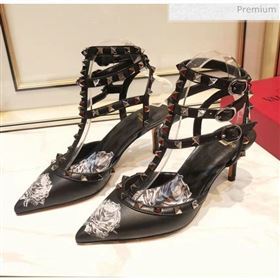 Valentino Rockstud Ankle Strap Calfskin Pump With Rosy Printed And 6.5cm Heel Black 2020 (XL-20031808)