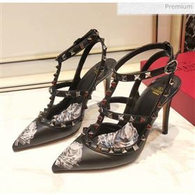 Valentino Rockstud Ankle Strap Calfskin Pump With Rosy Printed And 9.5cm Heel Black 2020 (XL-20031810)