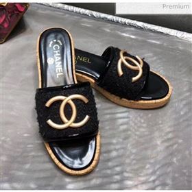 Chanel CC Metal Logo Tweed Flat Slide Sandals Black 2020 (MD-20033123)