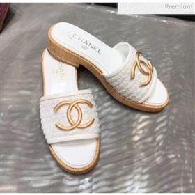 Chanel CC Metal Logo Tweed Flat Slide Sandals White 2020 (MD-20033124)