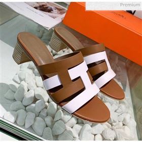 Hermes Calfskin Amica Sandal With 5cm Heel Brown/White 2020 (MD-20040141)