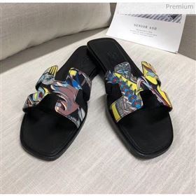 Hermes &quot;Fantaisie Botanique&quot; Printed Canvas Oran Sandal Black 2020 (MD-20040124)