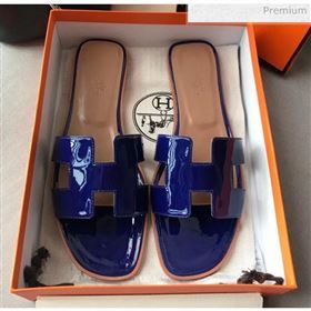 Hermes Patent Calfskin Leather Oran H Flat Slipper Sandals Electric Blue (MD-20040102)