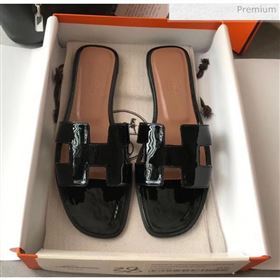 Hermes Patent Calfskin Leather Oran H Flat Slipper Sandals Black (MD-20040105)