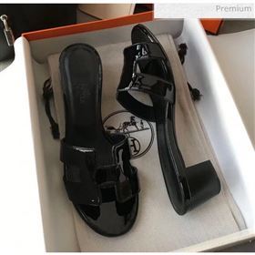 Hermes Patent Calfskin Leather Oasis Slipper Sandals With 5cm Heel All Black (MD-20040108)