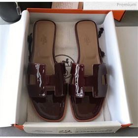 Hermes Patent Calfskin Leather Oran H Flat Slipper Sandals Burgundy/Apricot (MD-20040113)