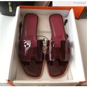 Hermes Patent Calfskin Leather Oran H Flat Slipper Sandals Burgundy 02 (MD-20040114)